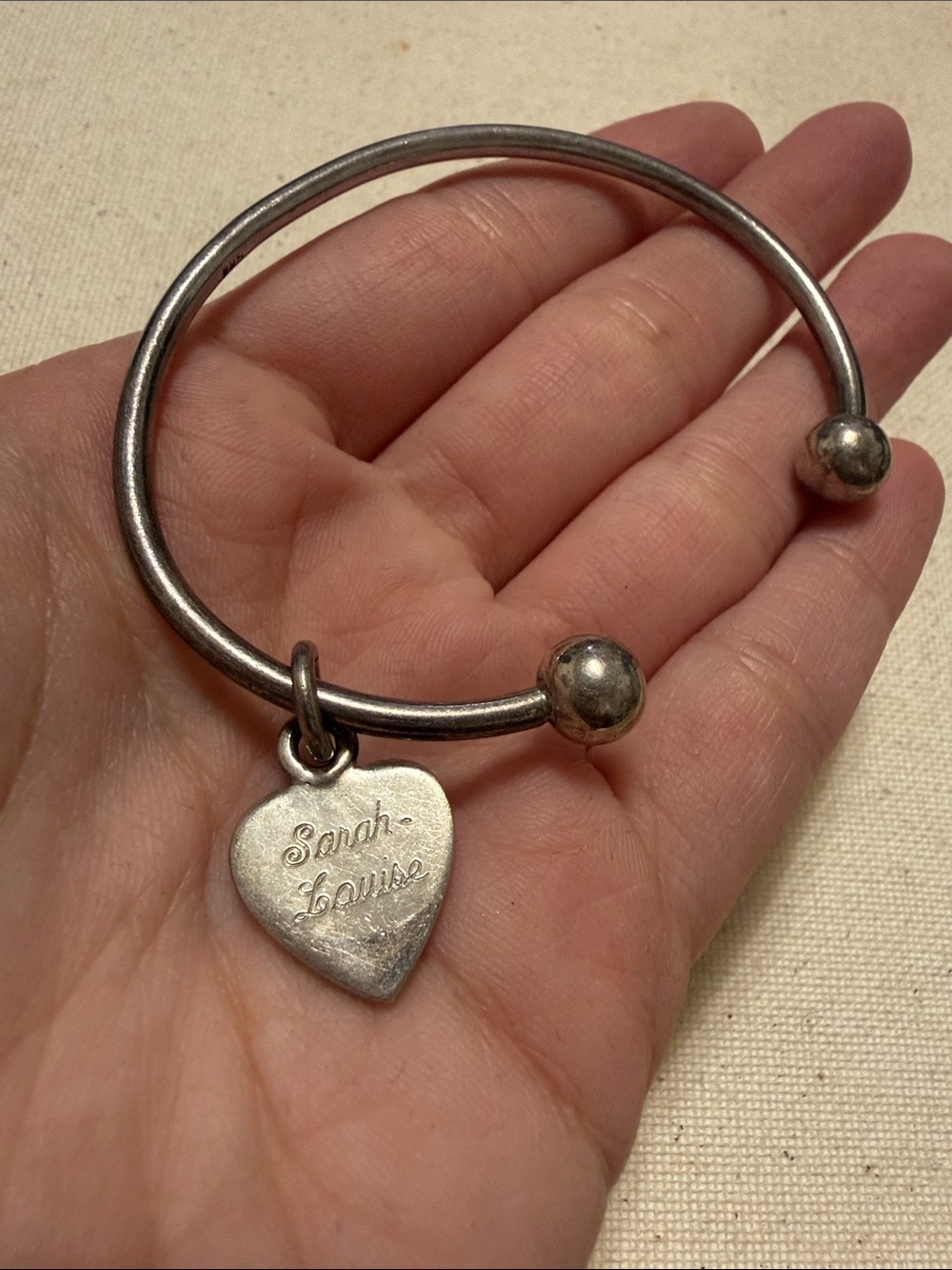 Sterling Silver 925 Heart Charm Open Cuff Bracelet engraved